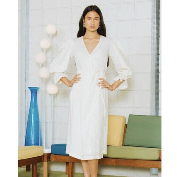 RHODE RESORT Emi Wrap Midi Dress Puff Sleeves Ruffle Cream Cotton XS NEW -232294 - Picture 2 of 12